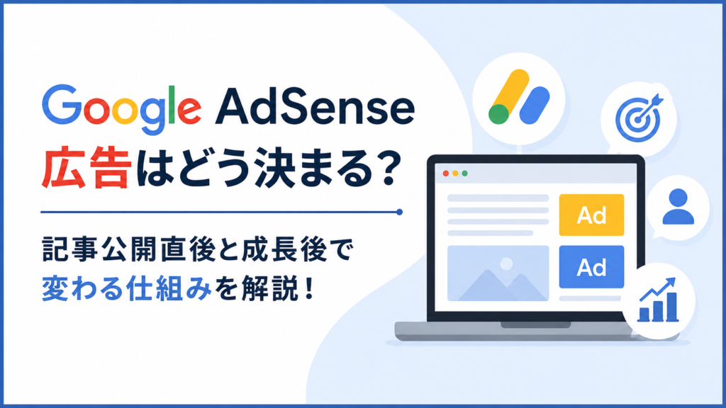 Google AdSense広告が記事公開直後と成長後で変化する仕組みを、広告枠を表示したノートパソコンのイラストとともに分かりやすく表現した画像。