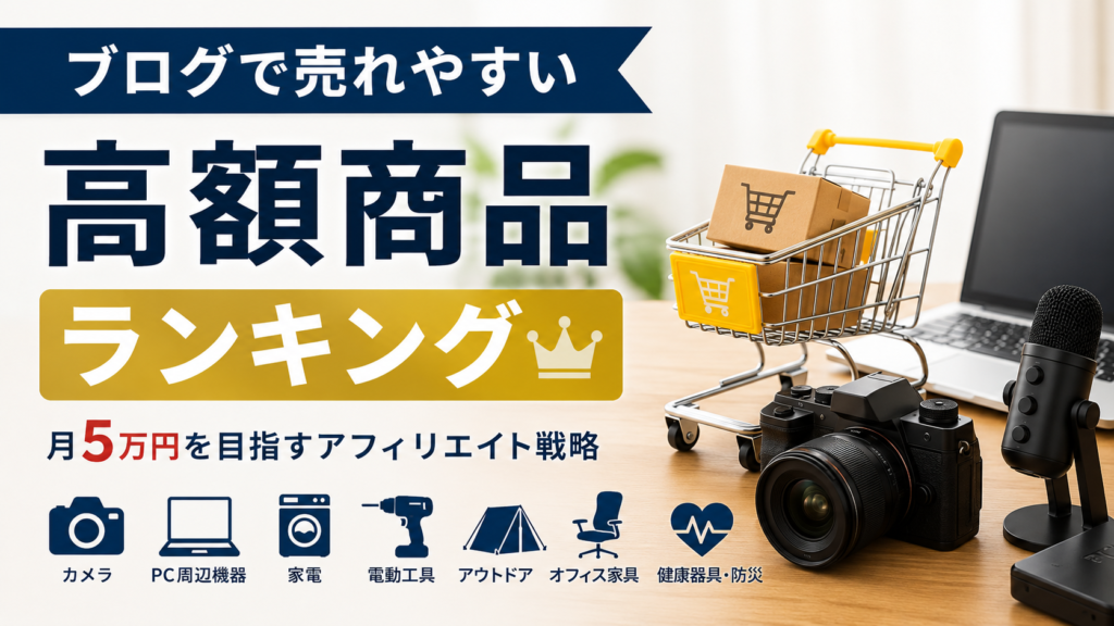 ブログで売れやすい高額商品ランキングを紹介するイメージ画像。カメラやパソコン、マイク、ショッピングカートとともに、カメラ・PC周辺機器・家電など高額アフィリエイトにおすすめのジャンルをわかりやすく表現している。