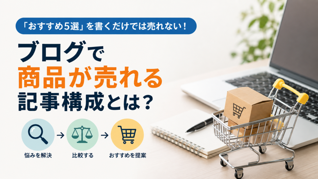 ノートPCとショッピングカートを背景に、「おすすめ5選を書くだけでは売れない!ブログで商品が売れる記事構成とは?」というタイトルと、「悩みを解決→比較する→おすすめを提案」の流れを示した画像。