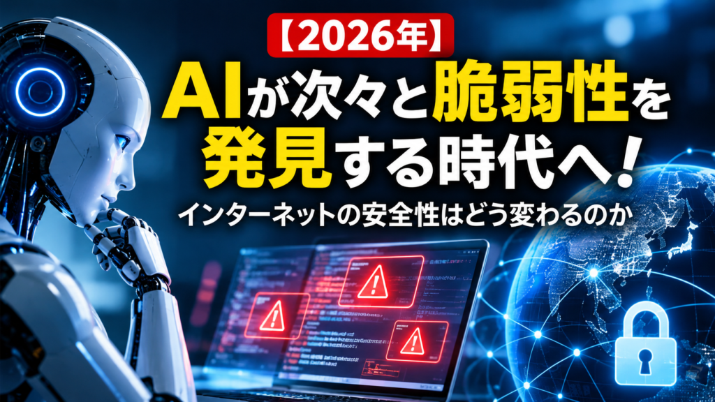 AIが脆弱性を発見する時代とインターネットの安全性をテーマに、AIロボット、警告マークが表示されたパソコン、地球と鍵のイラストを配置した2026年のサイバーセキュリティの画像