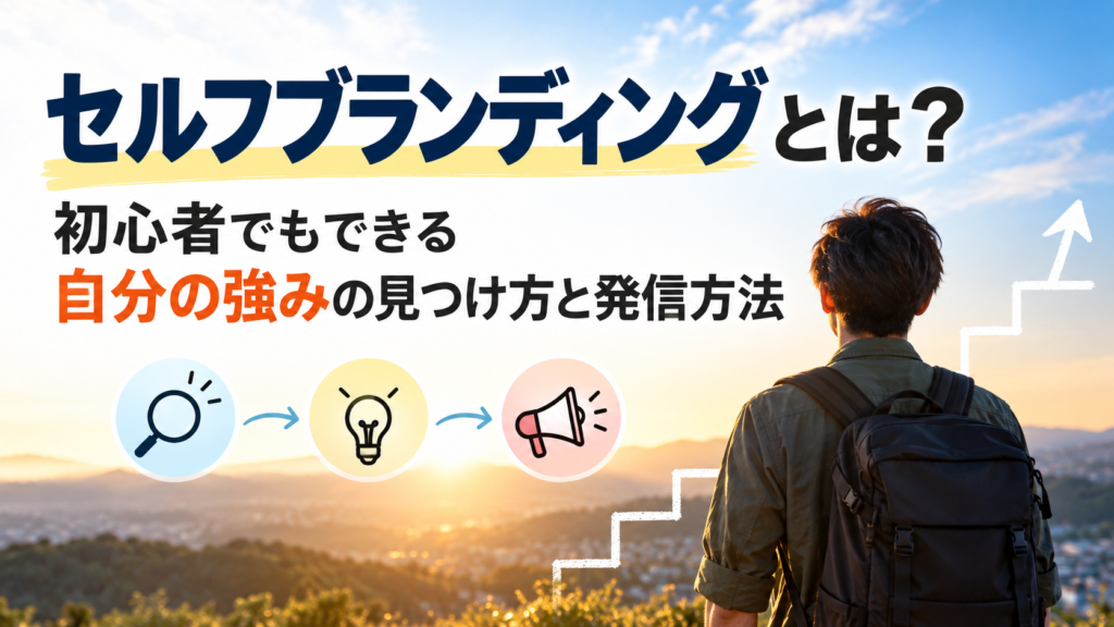 セルフブランディングとは何かをテーマに、初心者でもできる自分の強みの見つけ方と発信方法を紹介する画像。朝日の風景を背景に、虫眼鏡・電球・メガホンのイラストと、上昇する階段を見つめる人物が描かれている。