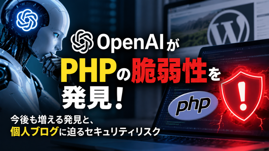 OpenAIのAIによるPHPの脆弱性発見と、今後も増える発見や個人ブログに迫るセキュリティリスクを表現した画像